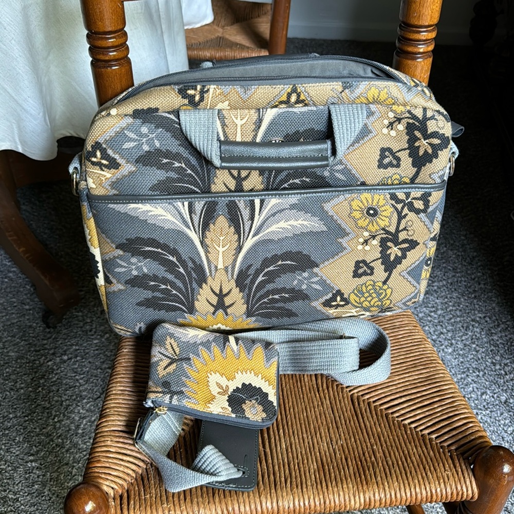 EUC Spartina Messenger Bag & Card Case; mustard & grey floral pattern w/ strap
